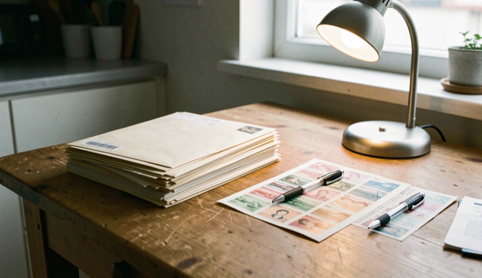A kitchen table used as a desk with a stack of envelopes, a sheet of postage stamps, a pen and a small desk lamp switched on