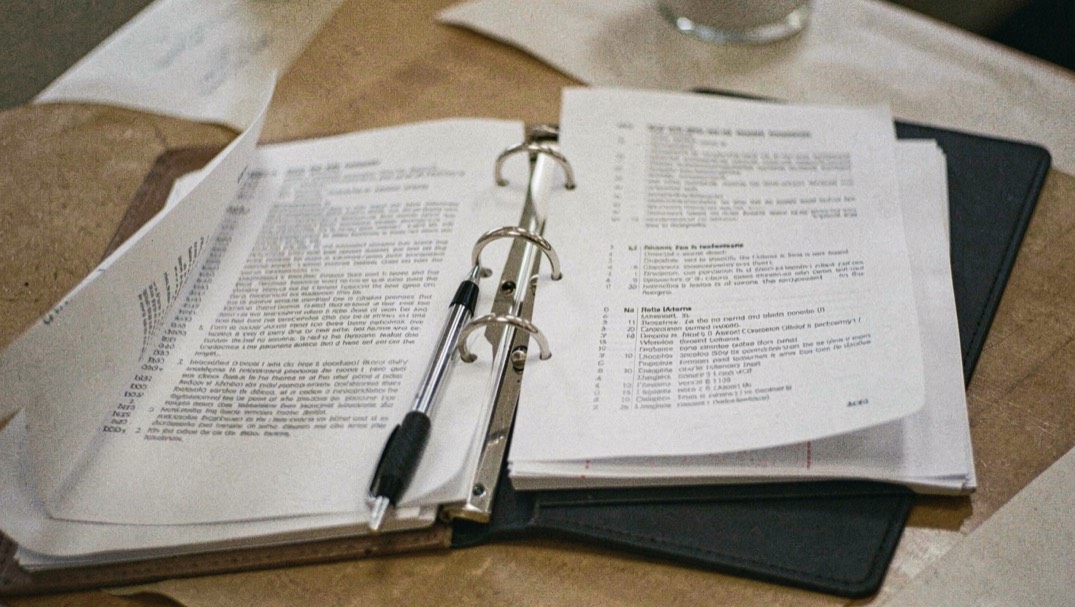 An open ring binder of printed notes on a table, one page half turned and a pen resting in the gutter of the binder