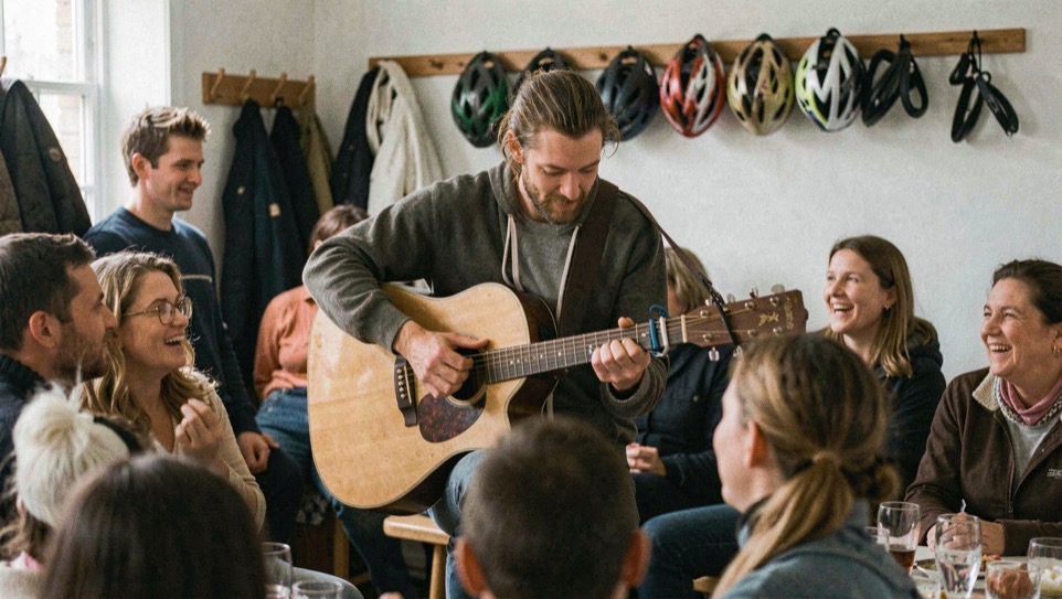 A performer playing a guitar seated among a close audience in a small room, coat hooks and bicycle helmets on the wall behind
