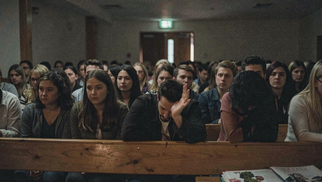 Audience leaning forward on wooden benches with lights off, only the exit sign glowing at the back of the room
