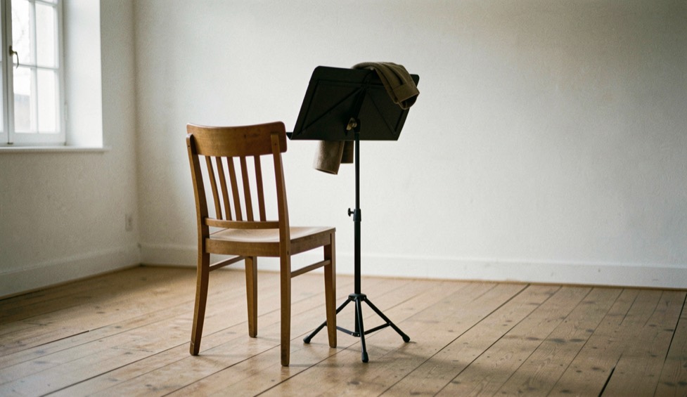 An empty wooden chair beside a music stand with a folded coat draped over the stand, in a bare daylit room with wide floorboards