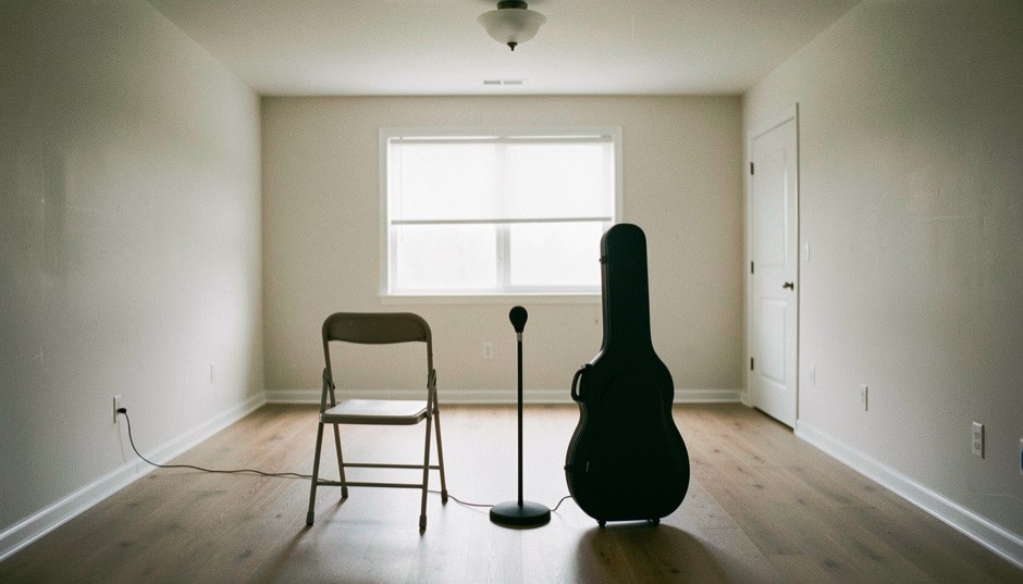 A folding chair, a microphone stand and a guitar case at the front of an empty room lit by a single curtained window
