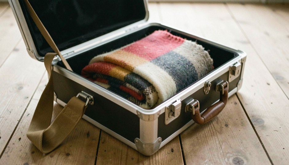 An open hard instrument case on bare floorboards with a folded wool blanket inside it and a canvas bag strap across the corner of the frame