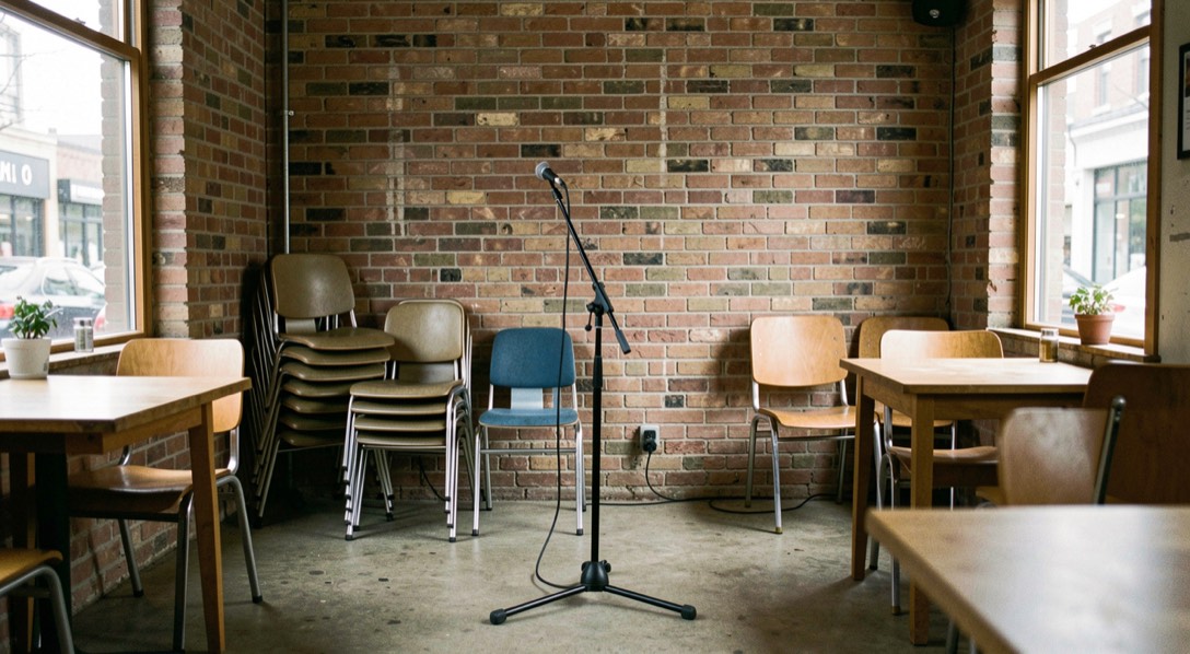 A back room of a cafe before a show, bare brick wall, stacked chairs in the corner and a single microphone stand in the middle