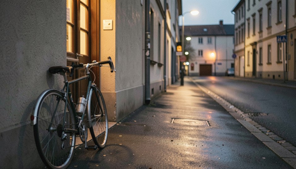A bicycle leaning against a wall beside a lit doorway at dusk, streetlight reflected on the wet pavement of a quiet street