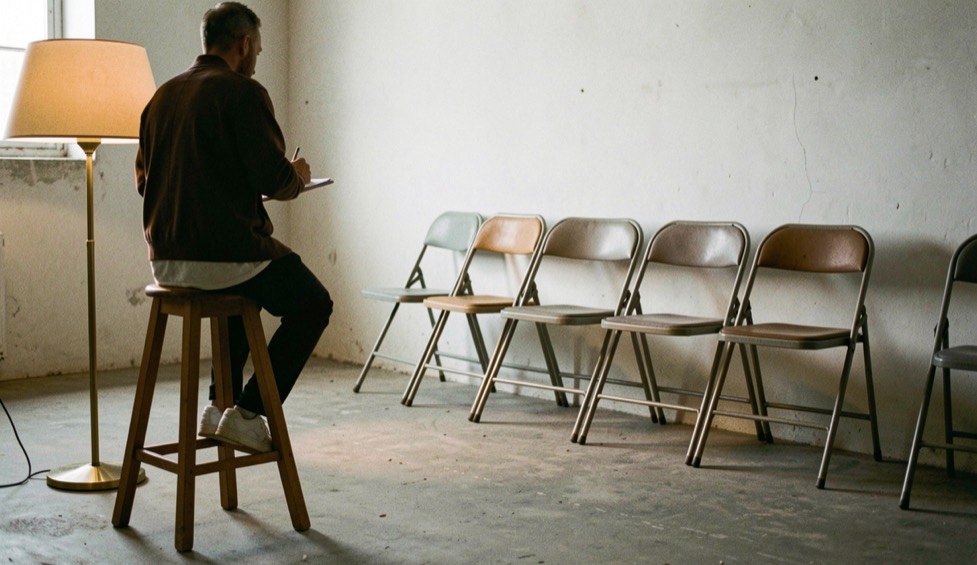 A person on a wooden stool beside a floor lamp writing in a notebook, a row of folding chairs against the wall of a bare room