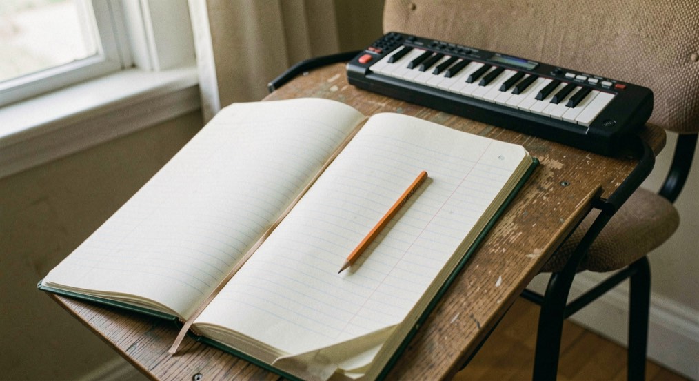 A lined notebook lying open on a wooden school desk, an orange pencil across the page and a small keyboard on the seat behind it
