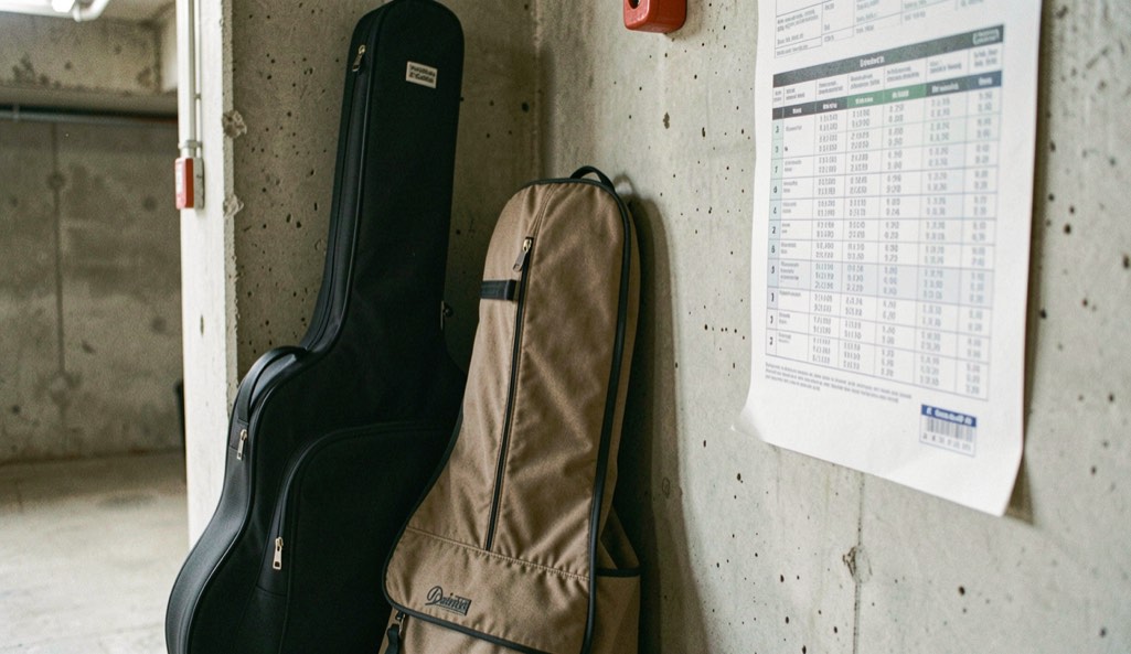 A guitar bag and a padded instrument bag standing upright against a basement wall beside a bus timetable taped to the plaster
