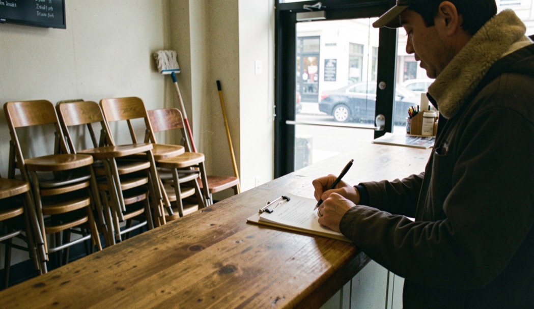 A person writing on a clipboard at a café counter before a show, chairs still stacked and a mop leaning by the door
