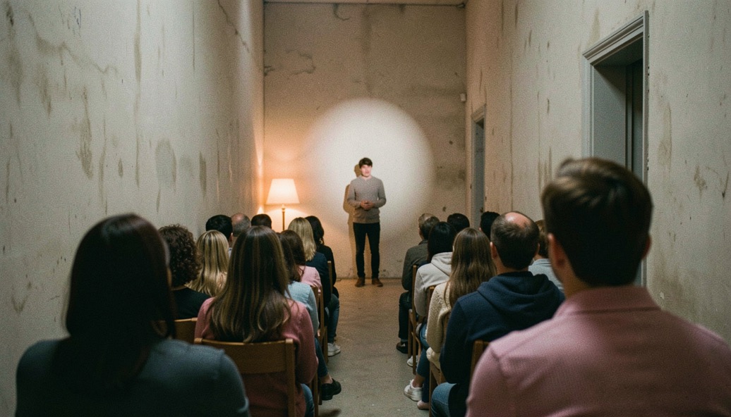 View from the last row of a narrow room over the heads of the audience towards a single performer in a pool of lamplight
